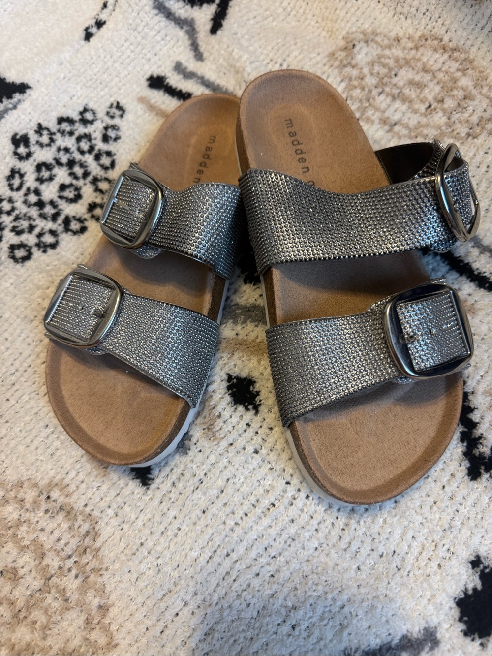 Madden Girl Kids Silver Sparkle Double-Buckle Slide Sandals